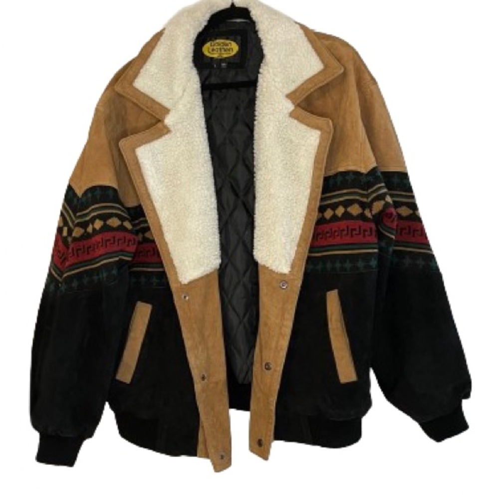 Men’s Golden Leathers Sherpa and leather Aztec jacket size Large